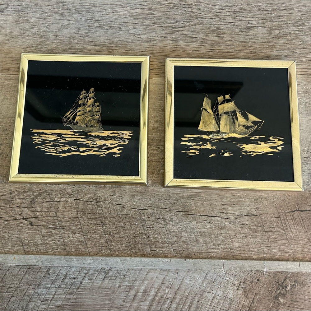 2‎ Vintage Kafka Industries Gold Foil Art Etching Sailboat Ship Framed Pictures